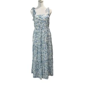 by the River Dress Womens Medium Blue Floral Tie Shoulder Tiered Cottagecore